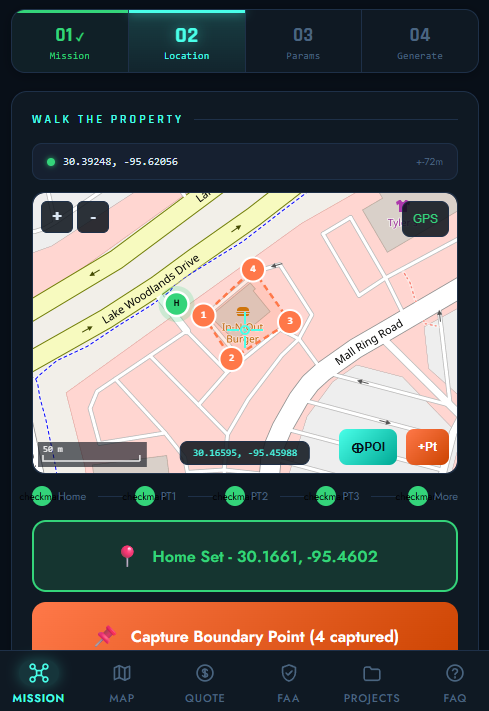 AirPlot boundary capture screen with home point, numbered boundary markers, POI and crosshair buttons