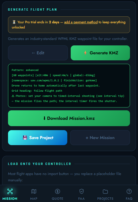 AirPlot generate screen showing the WPML KMZ build summary and download button