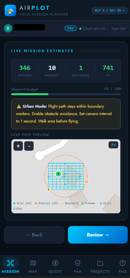AirPlot live mission estimates showing photos, flight time, batteries, and waypoint path preview before generating the KMZ waypoint file