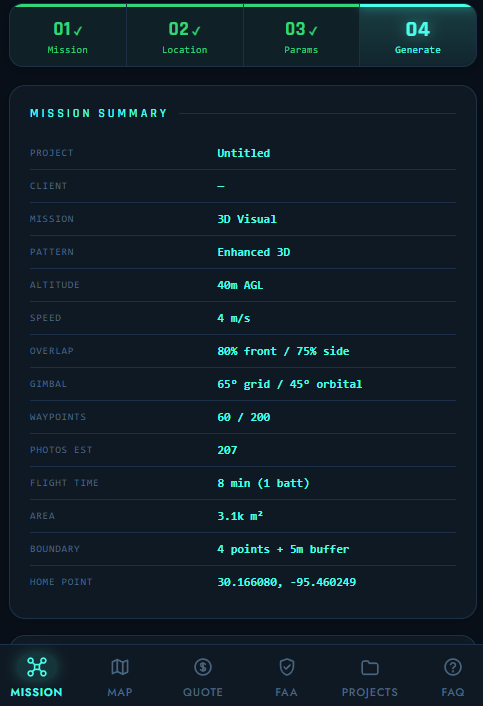 AirPlot mission estimates and path preview — plan a drone waypoint mission from your phone