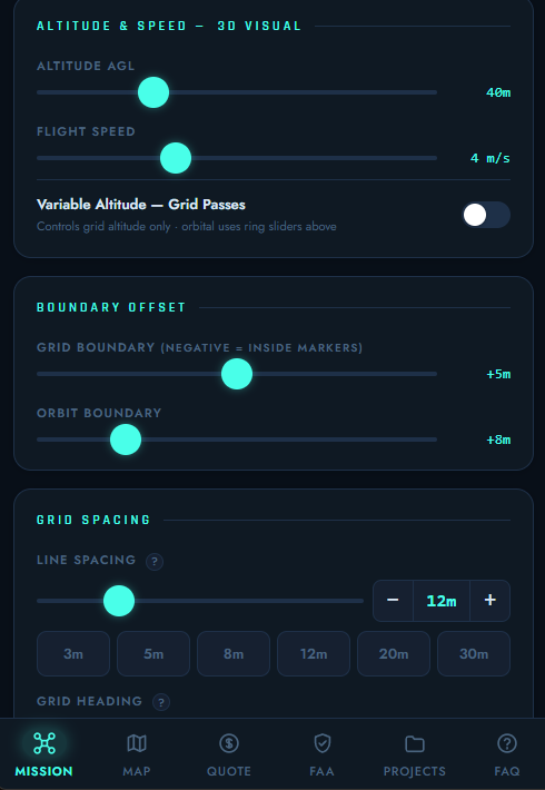 AirPlot parameters screen showing altitude, flight speed, boundary offset and grid spacing controls