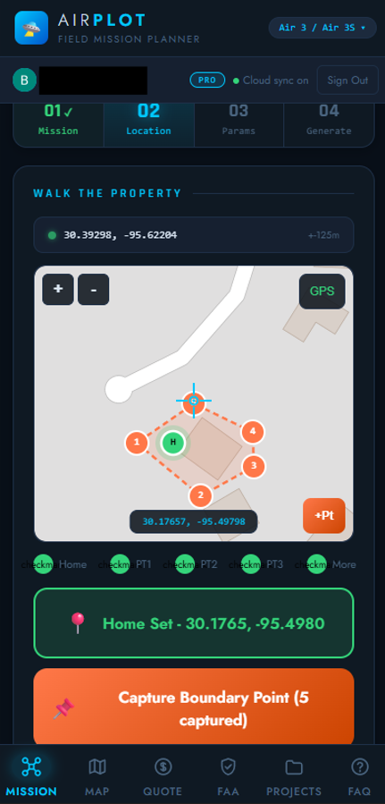 AirPlot walk-the-property screen capturing GPS boundary points and home point for a drone waypoint mission